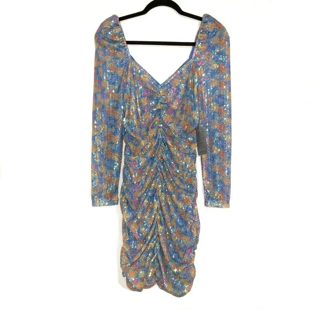 NEW Saylor Lawrence Floral Long Sleeve Sequin Ruched Mini Dress LARGE